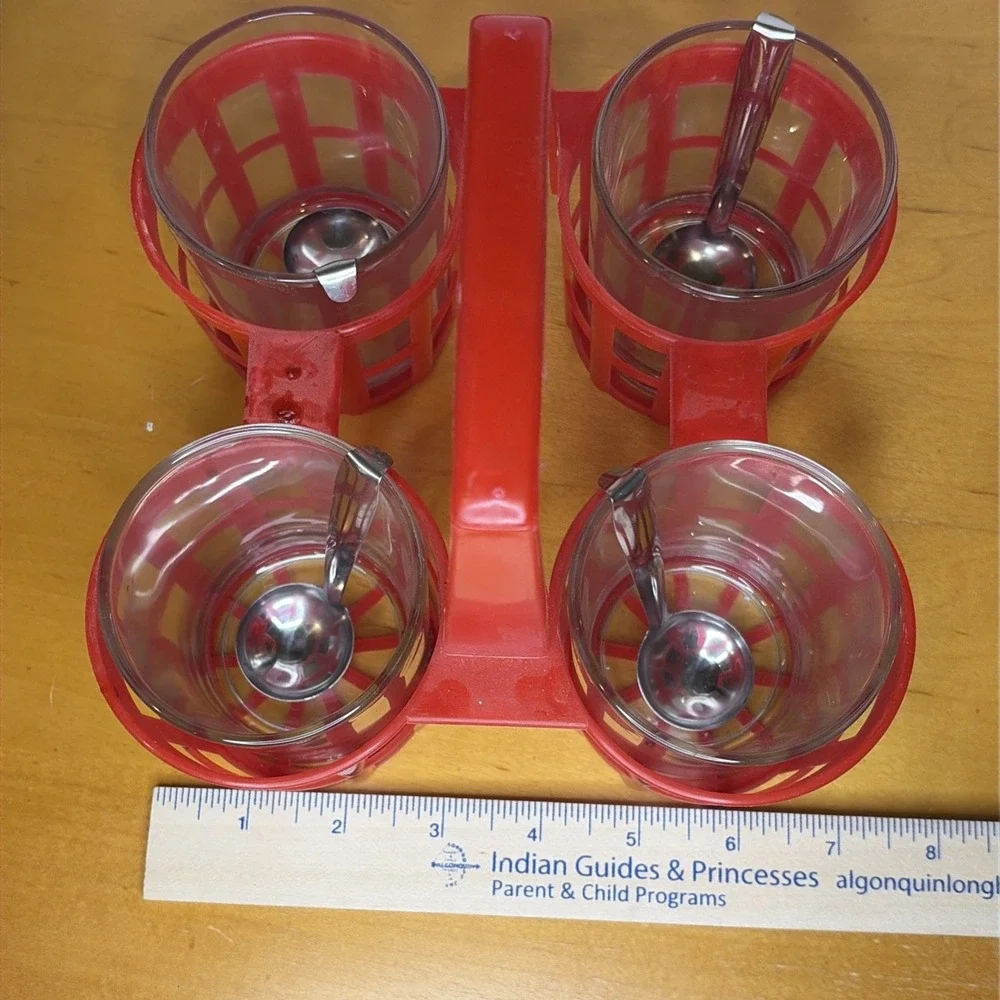 Crate&Barrel Red Condiment Caddy Jars w/ Ladles Picnic Cookout BBQ Party 4 Lids